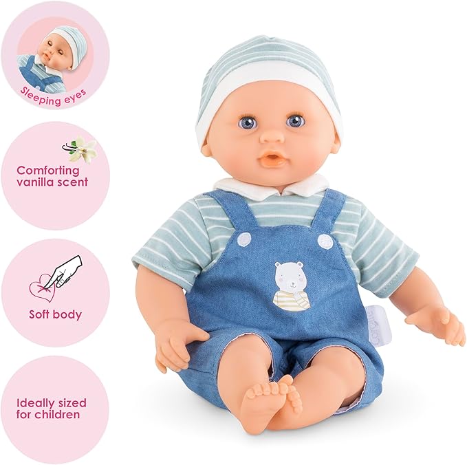 Corolle Bébé Calin Maud - 12" Soft Boy Baby Doll with Vanilla Scent, Blue Outfit & Sleeping Eyes for Girls Ages 18 Months+, Cute Reborn Realistic Baby Dolls for 2 Year Old Girls