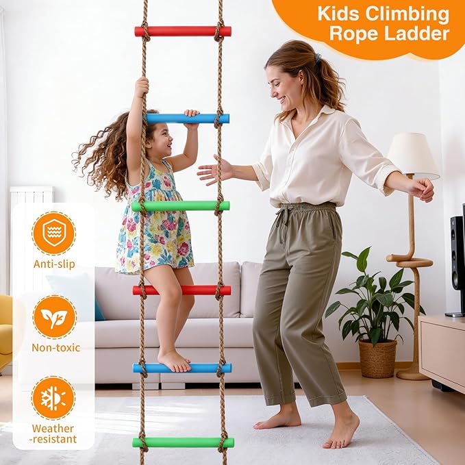 Climbing Rope Ladder for Kids, Wooden Ninja Tree Ladder Swing Set for Boys & Girls, Kids Ninja Warrior Obstacle Course Accessories for Tree House, Playground, Play Set