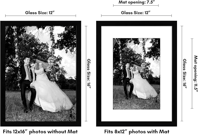 Americanflat 12x16 Picture Frame with Shatter-Resistant Glass - Use as 8x12 Frame with Mat or Display 12x16 Photo Without Mat - Signature Collection - Picture Frames for Wall Display - Black | Shatter-resistant glass, hangs vertical or horizontal, sawt...
