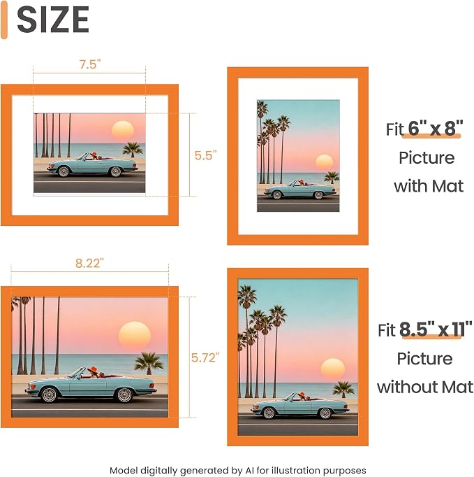 upsimples 8.5 By 11 Picture Frame, Display Pictures 6x8 with Mat or 8.5 x 11 Without, Wall Hanging Photo Frames, Orange, 1 Pack