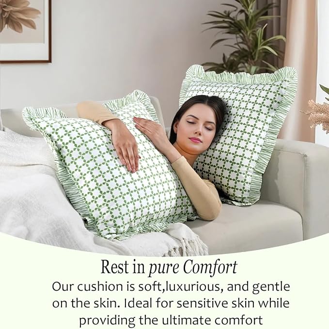 CPC Kelly Green Hand Block Print 100% Cotton Ruffle Throw Pillow Cover 18x18 inch with Hidden Zipper Decorative for Couch, Bed, Sofa, Farmhouse, Cottagecore Decor Gift Christmas Fall Thanksgiving