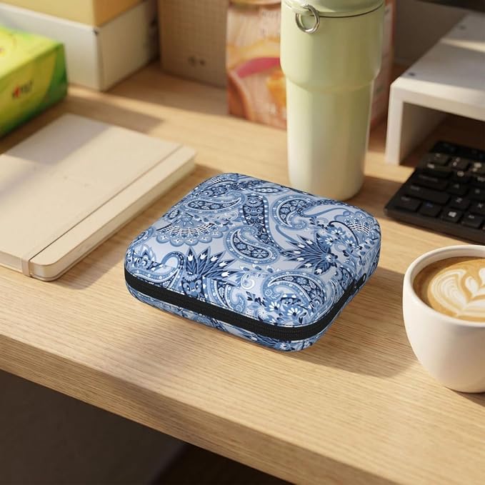 Paisley Flowers And Leaves Blue Bohemian Boho Floral Period Bag For Women,Portable Sanitary Napkin Period Pad Pouch For Purse, Small Make Up Bags