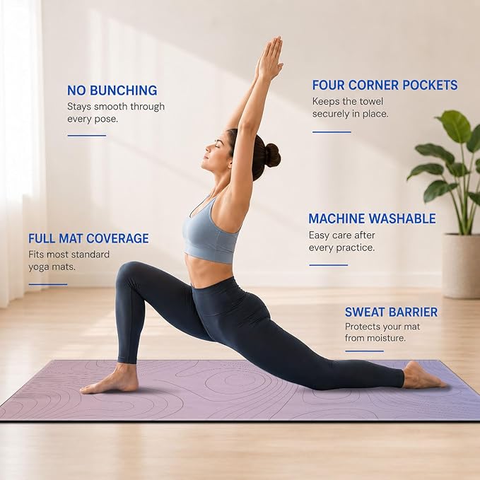 Yoga Mat Towel, Hot Yoga Non Slip with 4 Corner Pockets, 70 x 26 in | Soft Absorbent Microfiber With Four Corner Pockets, Fits Over Yoga Mats For Hot Yoga, Pilates, Gym, And Travel