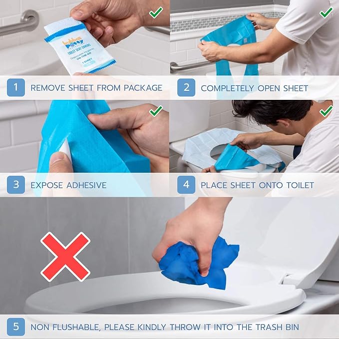 Toilet Seat Covers Disposable (Pack of 40) – Large Individually Wrapped & Liquid Absorbing for Travel in Kids & Adults Size– Adhesive Strips That Sticks to Ensure Toddlers Potty Training
