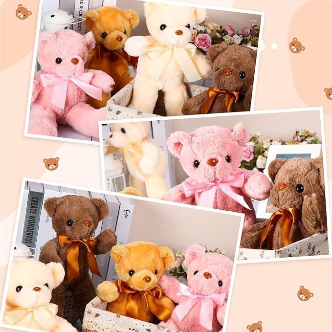 Aoriher 6 Pcs Bear Stuffed Animal Bulk Baby Shower Bear Plush Toys Soft Cute Sleeping and Playing Decorations for Kids Back to School Gift Baby Shower Birthday Party Favor(Beige, Brown, Pink)