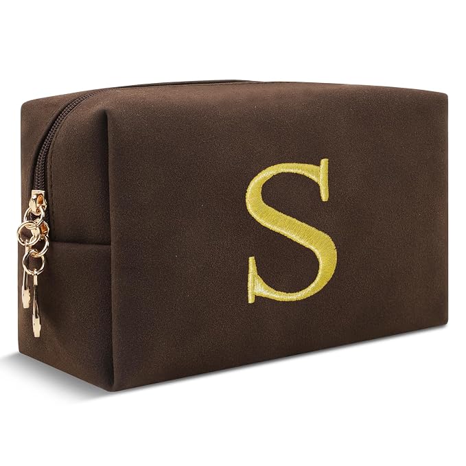 Personalized Initial Makeup Bag,Preppy Suede Cosmetic Bag for Teen Girls,Small Monogram Travel Toiletry Bag With Gold Embroidered Letter,Trendy Stuff Custom Christmas Gift for Women(Coffee-S)