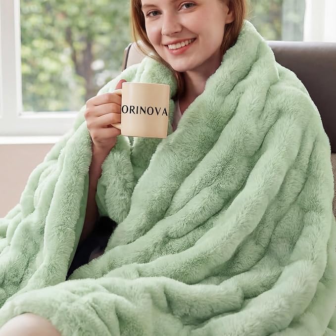 ORINOVA Sage Green Twin Size Blanket for Bed, 60x80 Ultra Soft Faux Rabbit Fur, Fuzzy Fluffy Plush Bubble Texture, Cozy Warm Reversible Throw for Couch, Bedroom Dorm Decor, Gifts for Women