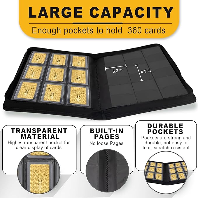 Toploader Binder, Holds 360 Toploaders, Top Loader Binder with 9 Pockets for 3" x 4" Rigid Cards, Double-Sided Pockets Card Binder Top Loader for Trading Cards or Sports Cards (black)