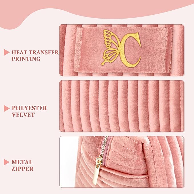 COSHAYSOO Personalized Birthday Retirement Gifts for Women Unique Travel Makeup Bag Quilted Make Up Cosmetic Pouch Woman Friend Gift Pink Velvet Beauty Accessories Organizer Initial Letter C