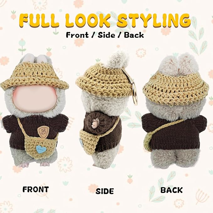 Clothes for Lububu(Not Doll), 3-Piece Brown Plush Doll Outfit Include Hat Sweater Bag, Cute Dolls Outfit Accessories for 6.7in Dolls (Brown)