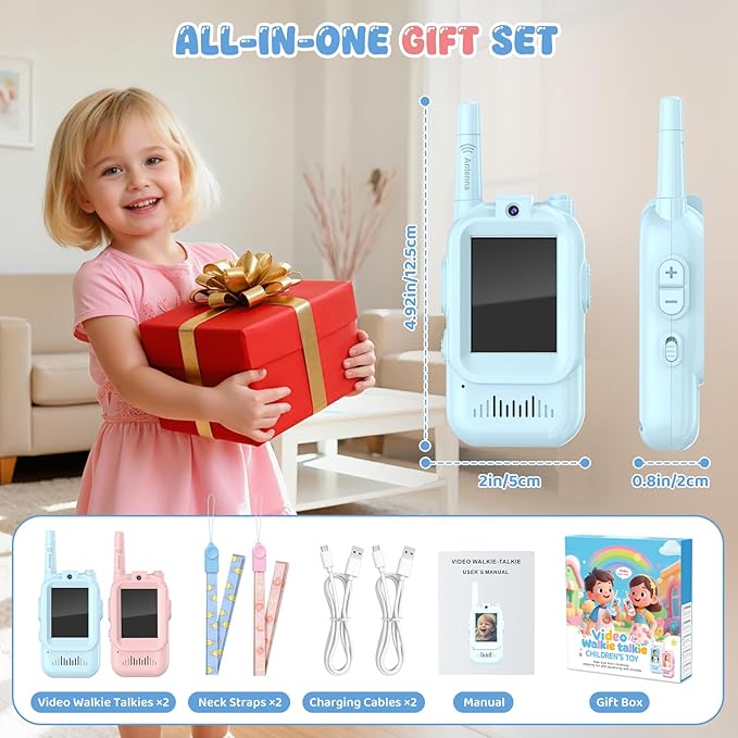 Video Walkie Talkie for Kids - 2 Pack Rechargeable Kids Walkie Talkies Long Range Radios, Video Intercom & Voice Effects, Christmas Birthday Gifts, Toys for Age 3-12 Boys Girls, Indoor Outdoor Travel