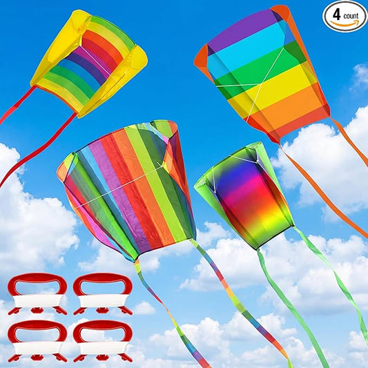 4 Pcs Rainbow Parafoil Kite for Adults Easy to Fly Pocket Kites with 59 Inch Long Tail 164 ft Kite Reel String for Summer Party Beach Park Garden Playground Outdoor (4 Styles)