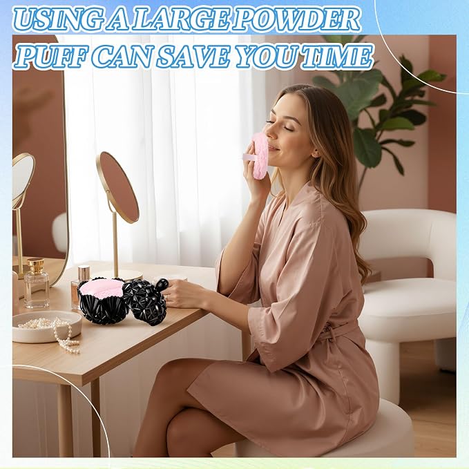Extra Large Body Powder Puff and Container, 5.3'' Crystal Container with 5.3'' Oversize Dust Powder Puff Washable Reusable Face Body Wet Dry Makeup Gift(Black, Diamond)