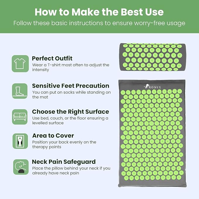 ROMIX Acupressure Mat and Pillow Set, Acupuncture Mat for Back Pain, Neck, Shoulder Pain Relief, Stress Reduction, Wellness Therapy, Cushioned Acupressure Mats with Carry Bag for Men and Women