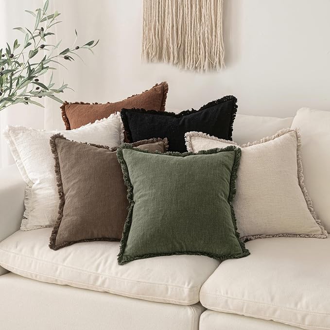 MIULEE Linen Decorative Fall Euro Throw Pillow Covers Cocoa Brown 28x28 | Set of 2, Cottagecore Decor, Boho Farmhouse Neutral Pillow Covers, Rustic Fall Fringe Couch Cushion for Sofa Bed Living Room