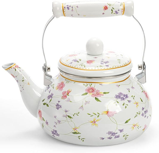 Jucoan Vintage Enamel Tea Kettle, 2.6 Quart Floral Enamel Water Kettle Teapot with Porcelain Handle for Stovetop Home Kitchen Camping, Housewarming Wedding Bridal Shower Mother's Day