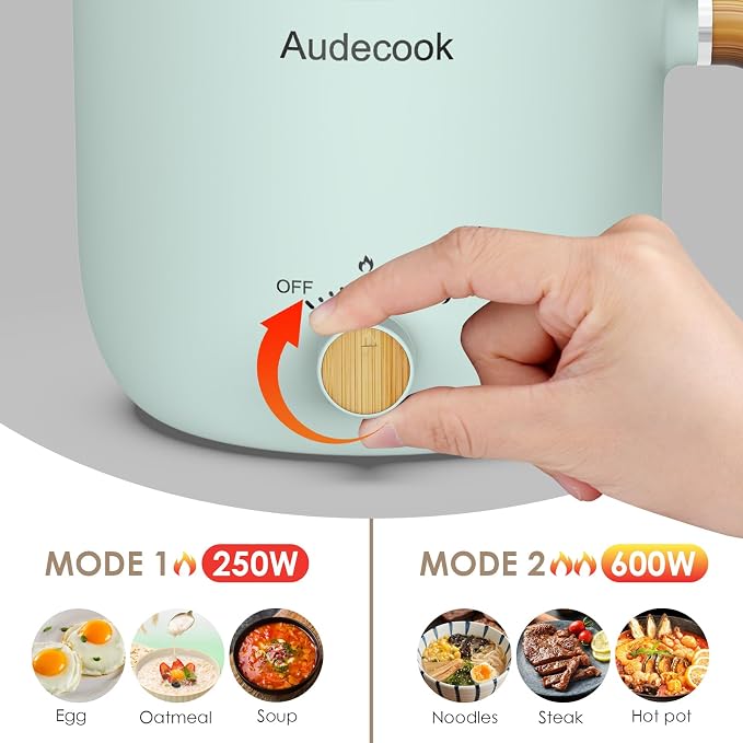 Audecook Hot Pot Electric with Steamer, 1.5L Portable Nonstick Rapid Noodles Cooker, Travel Electric Skillet with Dual Power Control for Ramen/Pasta/Soup/Steak/Egg/Oatmeal (Green)