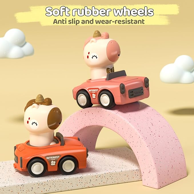 Press to Go Friction Inertia Car, Animal Toddler Toy Cars 1-3, Infant 6-9-12-18 Month Play Figure Vehicle Set, 1st Birthday Valentine's Day Gift for 1-2 Year Old Boy Girl