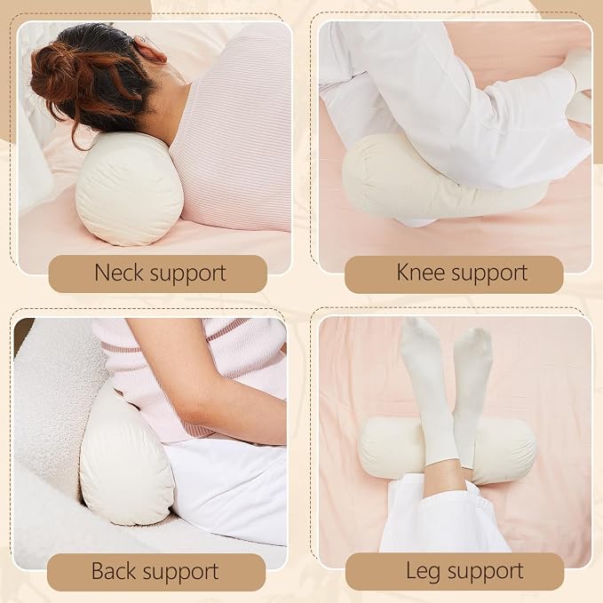 Leinuosen Organic Kapok Orthopedic Roll Pillow 12"x4" – Neck, Back, Knee & Leg Support Bolster – Cervical & Lumbar Roll for Pain Relief, Spinal Alignment – Natural Filling, Adjustable for Bed & Travel