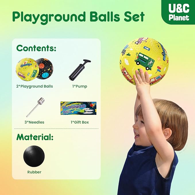 U&C Planet 2 Pack Playground Balls for Toddler Kids, 6 inch 8.5 inch Cartoon Rubber Balls with Pump, Dodgeball Kickball for Outdoor & Indoor Game, Great Gift for Boys Girls Aged 1 and Above