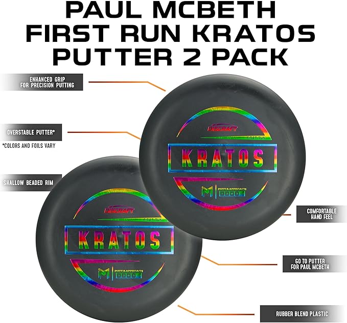 Discraft Paul McBeth First Run Kratos Putter Two Pack - Putt & Approach Discs - 173-174g, Matching Color & Foil, Paul McBeth Collection - Foil Types Will Vary