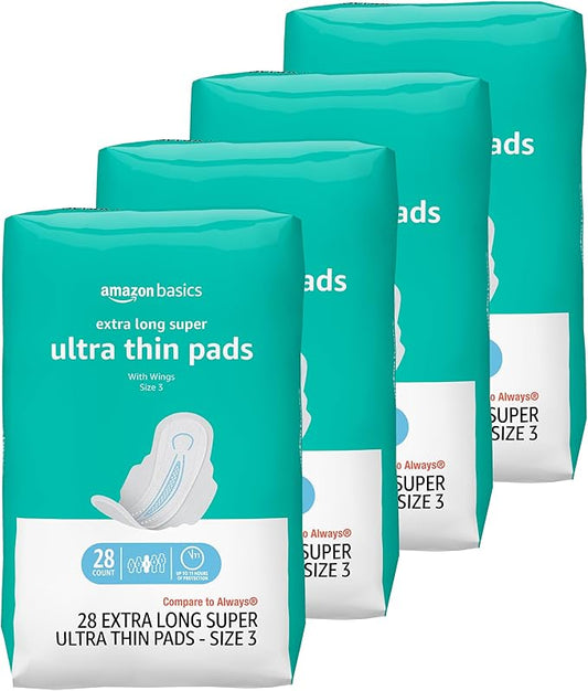 Amazon Basics Ultra Thin Pads with Flexi-Wings for Periods, Extra Long Length, Super Absorbency, Unscented, Size 3, 112 Count (4 Packs of 28)