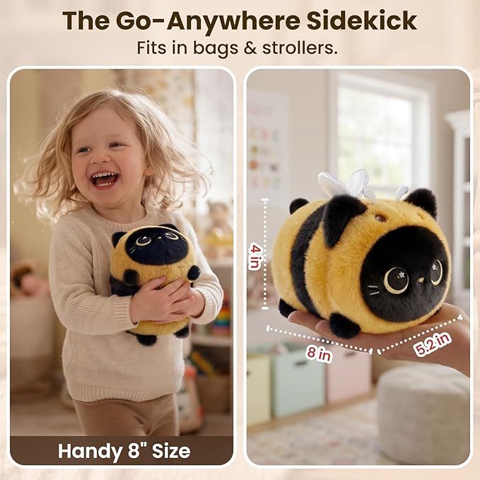 Mewaii Cute Black Cat Bee Plush Pillow, Kawaii Plushies Bee Stuffed Toy, Kitten Plushies with Honeybee Outfit Costume, Soft Squishy Bee Gift for Girls & Kids (8 Inch)