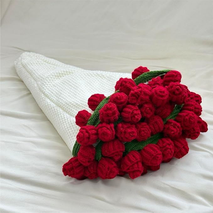 Crochet Flowers Bouquet Blanket, Handmade Rose Blanket, 32 Inch Round Floral Soft and Romantic Gifts for Birthday, Mother's Day,Valentine's Day, Home Decor, Bed, Sofa