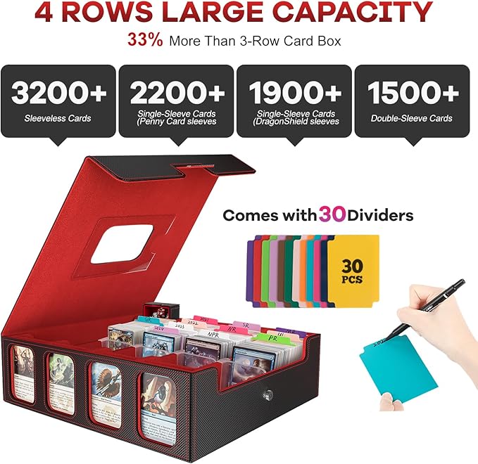 Gomyrod Card Storage Box 3200+ MTG Deck Box with 30 Colorful Divider, 4 Row Commander Trading Card Cases with Portable Handle & Display Windows, Fits for MTG/TCG/Magic Cards, Patented Design