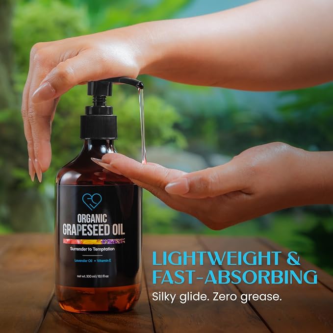 Organic Grapeseed Massage Oil with Lavender & Vitamin E – Lightweight, Non-Greasy Body & Skin Oil for Massage, Aromatherapy & Moisturizing – 10.1 fl oz (300 ml)