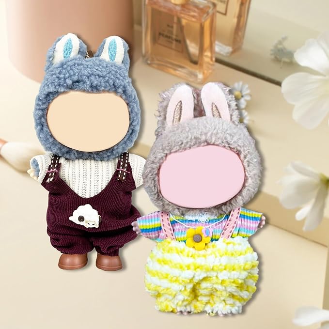 Doll Clothes for Labubu,Cute Outfit for 17cm Doll Clothe 2/3PCS Clothes and Hats Stylish Dolls Clothe for 17 cm Labubu,Casual Style Costumes for Labubu Dolls (Brown and Yellow Overalls)