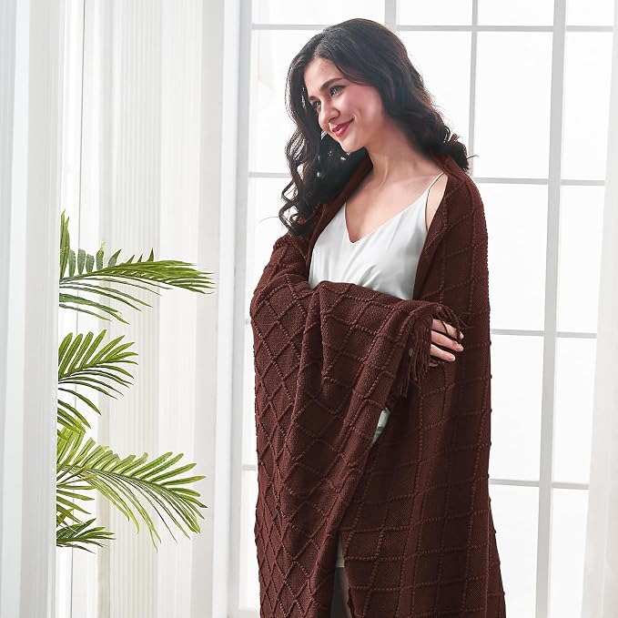 inhand Diamond Brown Knitted Throw Blanket for Couch and Bed, 60"x80" | Soft Cozy Knit Blanket with Tassel, Lightweight Decorative Blankets and Throws, Farmhouse Warm Woven for Men and Women