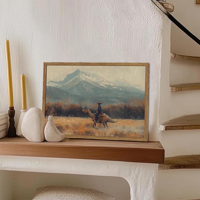 Vintage Dinosaur Cowboy Wall Art, Funny Western Jurassic Wall Decor Painting Spooky Cowboy Riding Dinosaur Poster Canvas Prints for Bedroom Farmhouse Living Room 12x16 inch Wood Framed