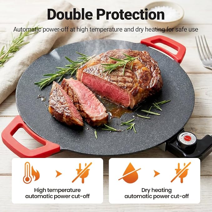Non-Stick Electric Indoor Grill Pan, 2026 Upgraded Indoor Grills Electric Smokeless, Large Round Electric Griddle, Portable Electric KoreanBbq Grills, for Steaks, Pancakes, BBQ (14 inch)