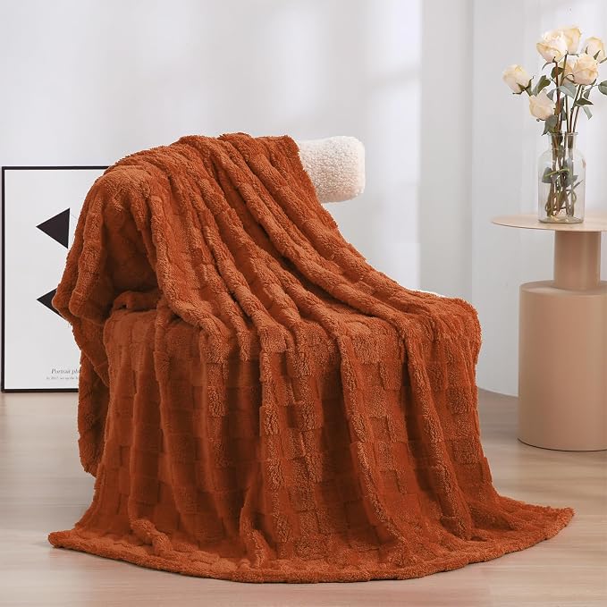 Burnt Orange Fleece Throw Blanket 60”×80”Checkered Design for Couch Sofa | Super Soft Cozy Plush Microfiber 3D Square Pattern Flannel Blanket for Bed Lightweight for Adults,Women