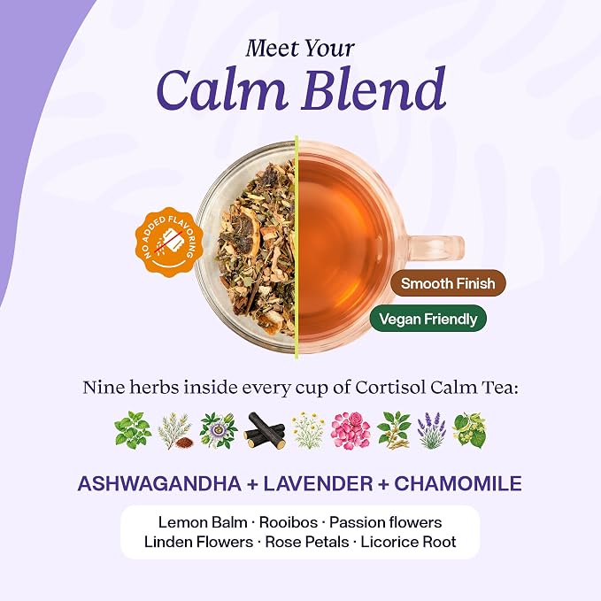 Cortisol Calm Tea – 9-Herb Relaxation Formula – Ashwagandha Chamomile Lavender Lemon Balm Rooibos Passion Flowers Linden Flowers Rose Licorice – Vegan Kosher Caffeine-Free Loose Leaf Tea – 25 Servings