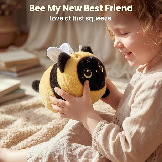 Mewaii Cute Black Cat Bee Plush Pillow, Kawaii Plushies Bee Stuffed Toy, Kitten Plushies with Honeybee Outfit Costume, Soft Squishy Bee Gift for Girls & Kids (8 Inch)