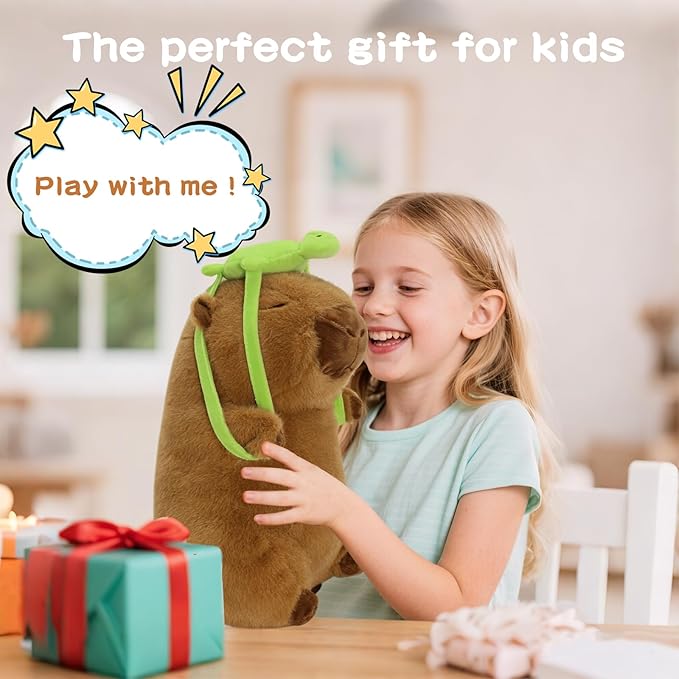 12 inch Cute Capybara Stuffed Animal with Turtle Backpack - Companion to Relieve Emotions - Skin-Friendly Material - Soft Kawaii Plush Pillow for Birthday Gift for Kids Boys Girls