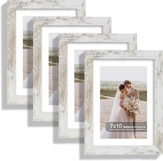 Hongkee 7x10 Picture Frame Set of 4, Made of Real Glass and Distressed White Frame - Display 5.5 x 8.5 Diploma Frame with Mat or 7x10 Without Mat, 7 by 10 Photo for Wall or Tabletop