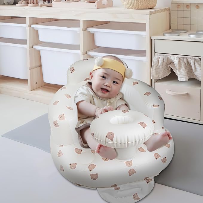 EKEPE Inflatable Baby Seat for Babies 3 Months & Up, Baby Floor Seats for Sitting Up, Baby Seats for Infants, Blow Up Baby Chair with Built in Air Pump - Beige - Bear with Tray
