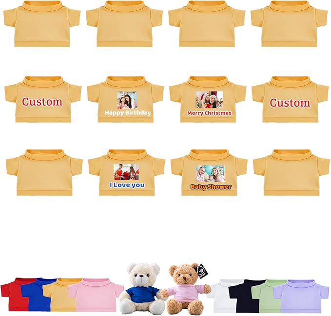 12 Pcs Custom Teddy Bear Clothes with Name Photo, Personalized Stuffed Animal Clothes for Teddy Bears Fit 8-16inch Stuffed Bear Clothing, Custom Doll Outfit Make Your Own Plush Doll Shirt