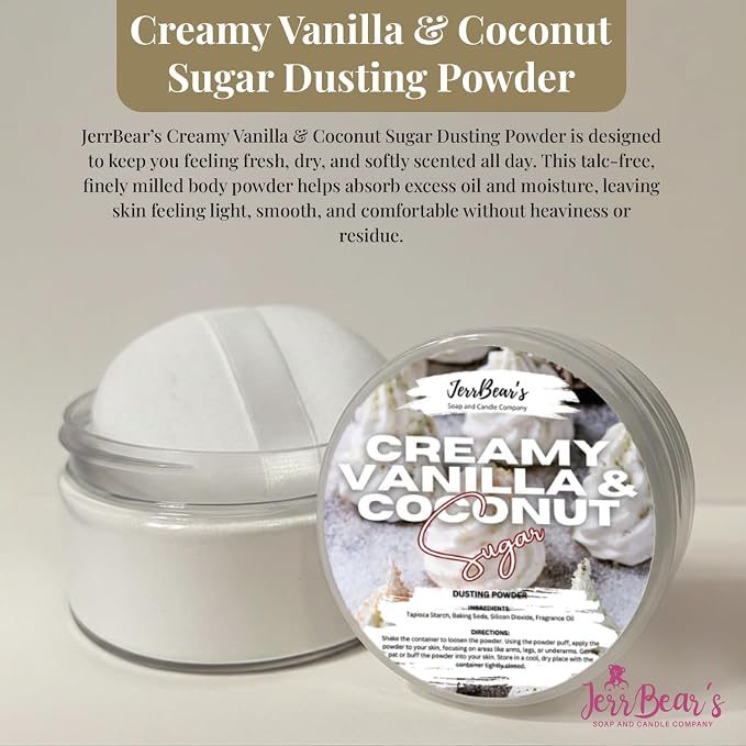 Creamy Vanilla & Coconut Body Dusting Powder for Women, 4oz Jar | Talc Free Body Formula, Soft Scented Skin Care, Gentle Powder for Daily Freshness, Includes Puff Application