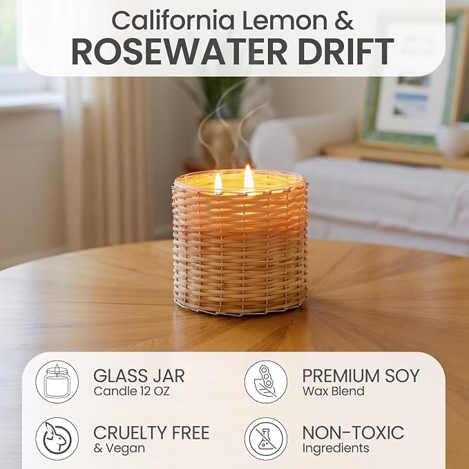 Sea Salt Scented Candle – Luxury 12oz Soy Wax, 2-Wick Handwoven Glass Jar, Blend of California Lemon, Water Lily, White Jasmine, Driftwood & Rosewater -75+ Hour Clean Burn, USA Made