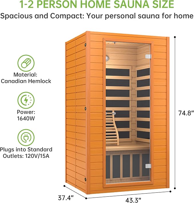 Real Relax Infrared Sauna for Home, Home Infrared Saunas up to 1-2 Persons, Canadian Hemlock Wooden Indoor Dry Sauna Room with Low Emf Red Light Therapy, 9-Color Chromotherapy Lights
