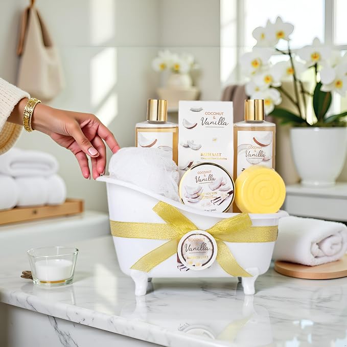 Spa Gifts for Women & Men Coconut Vanilla Bath & Body Self Care Gift Basket | Perfect Gifts Mom, Birthday Gift, All Occasion Holiday Present Spa Gift Basket for Women & Men Pamper Kit- 8-Piece Bath Kit