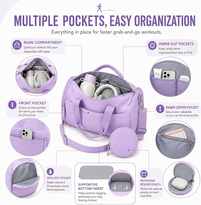 BTOOP Mini Gym Bag for Women, 12-Inch Small Duffle Bag with Wet Pocket and Coin Purse, Lightweight Water-Resistant Workout Bag for Yoga, Pilates, Dance and Travel (B-Purple)