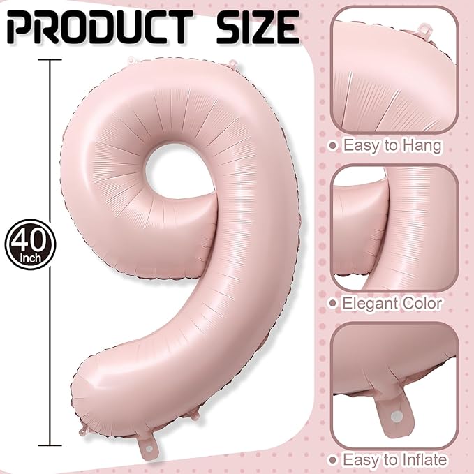 Big Number 9 Balloons, Dusty Light Pink Foil 9 Balloon Numbers 40 Inch, Giant 9th Birthday Party Decor, Pastel Baby Blush Pink Mylar Helium Self Inflating Balloon for Girls Anniversary Decorations