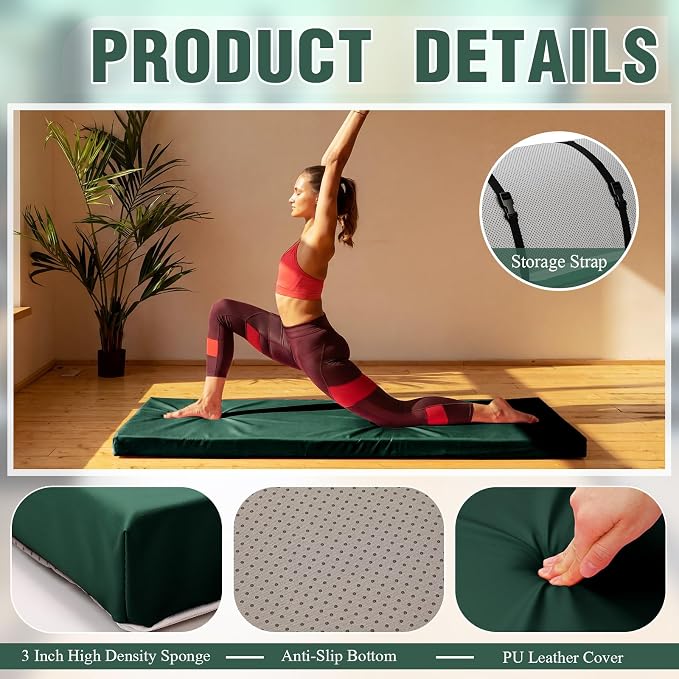 Lyrow 3 Inch Thick Yoga Mat, 72 x 24 Inch Cushioned Foam Floor Mat with Carry Strap, Non Slip PU Leather Workout Pad for Pilates, Stretching, Restorative Yoga and Home Gym