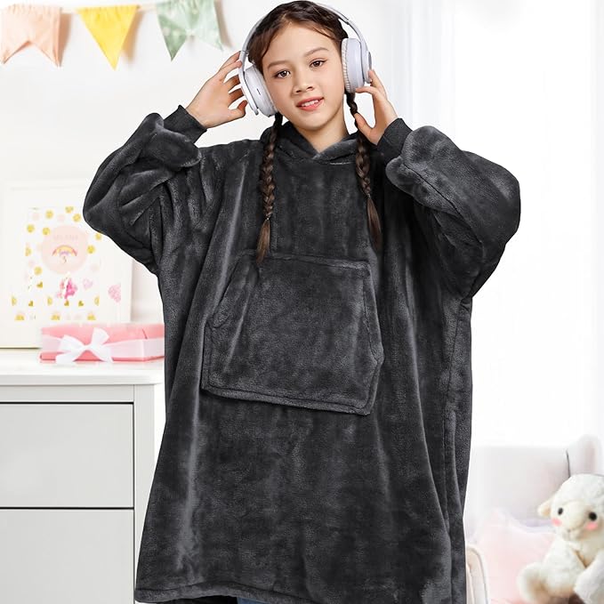Waitu Wearable Blanket for Kids, Cozy Wearable Blanket Hoodie for Teens Girls Boys, Warm Blanket Sweatshirt Gift for Teenage, Hoodie Blanket with Sleeves and Giant Pocket - Dark Gray