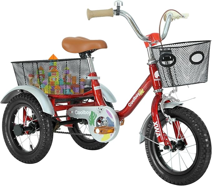 Kids Tricycle with Safety Features, Wide Anti-Skid Tires, Storage Basket, Soft Cushion Seat, Red